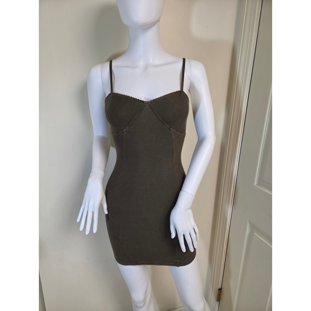 Intimately‎ Free People Olive Green Ribbed Mini Dress XS Bodycon Stretch Scallop